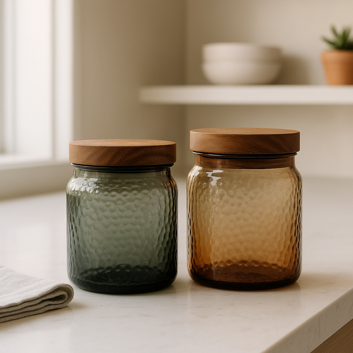 Hammered Glass Canisters with Wood Lid