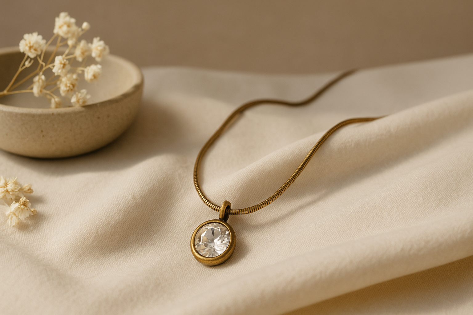 Vintage Brass Zircon Pendant Necklace