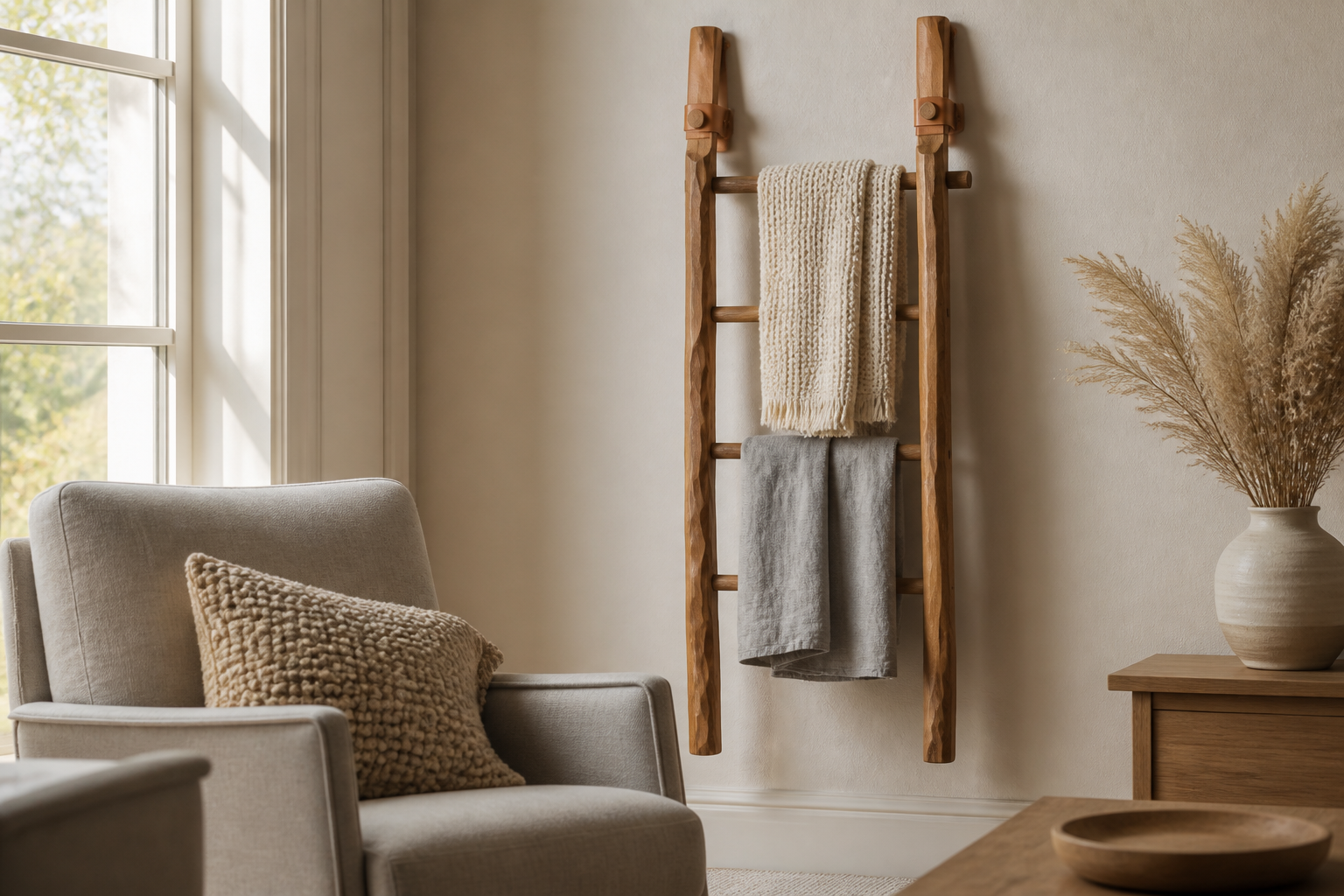 Warmth in Small Spaces with a Hand-Carved Wall Ladder