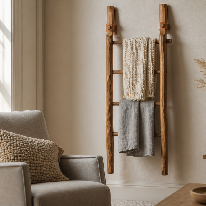 Warmth in Small Spaces with a Hand-Carved Wall Ladder