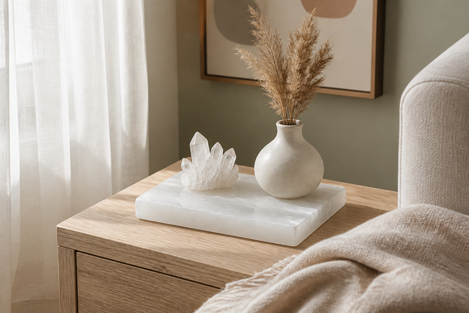 How to Style a Selenite Plate for a Calm, Glowing Shelf