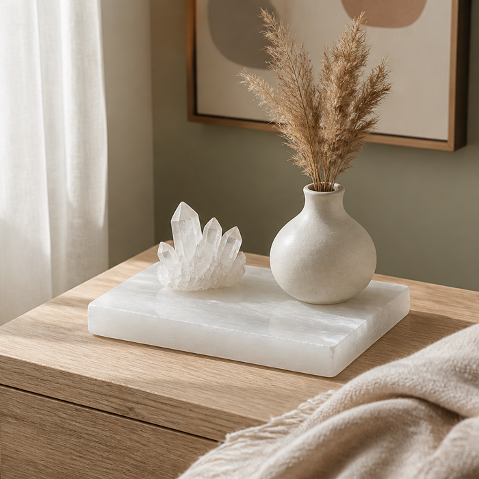 How to Style a Selenite Plate for a Calm, Glowing Shelf