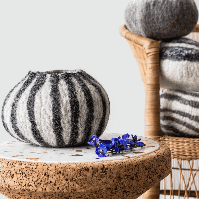 Grey Karakul Striped Decorative Wool Ukhamba Bowl