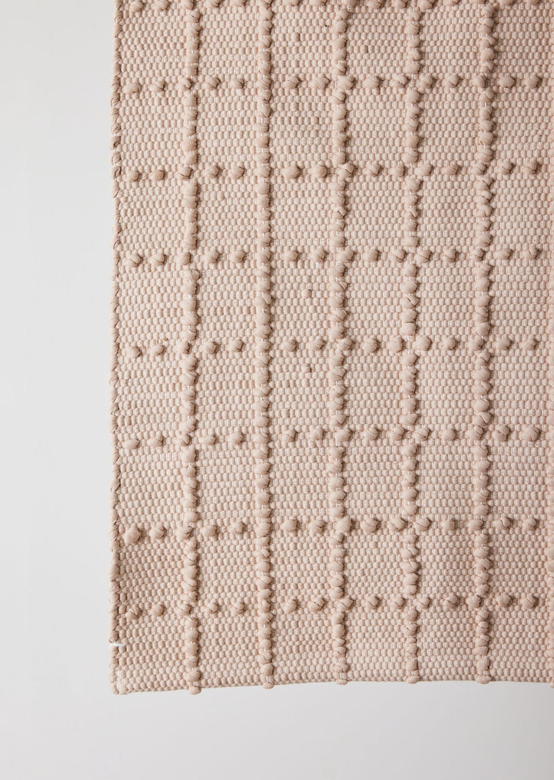 Blush Pink Plaid Hand-Loomed Cotton Bobble Mat