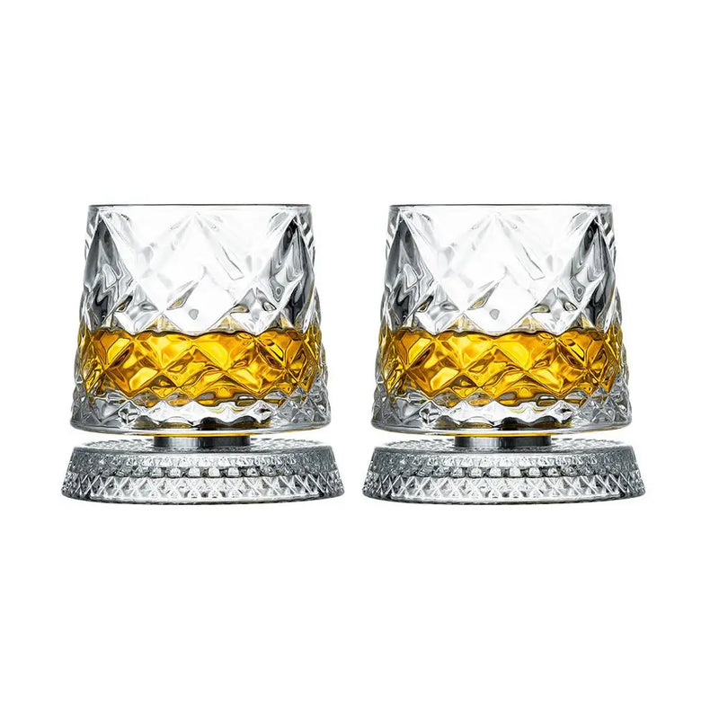 Set of 2 Rotating Whiskey Glasses with Crystal Glass Base