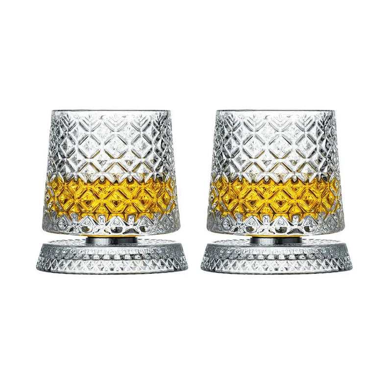 Set of 2 Rotating Whiskey Glasses with Crystal Glass Base