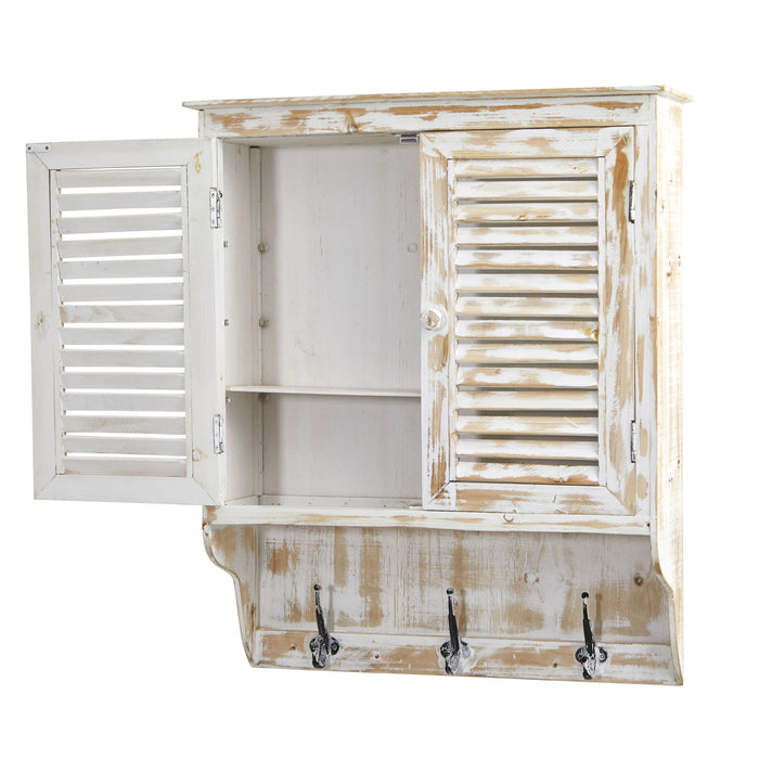 32” WHITE WASHED WALL CABINET WITH HOOKS - HYGGE CAVE