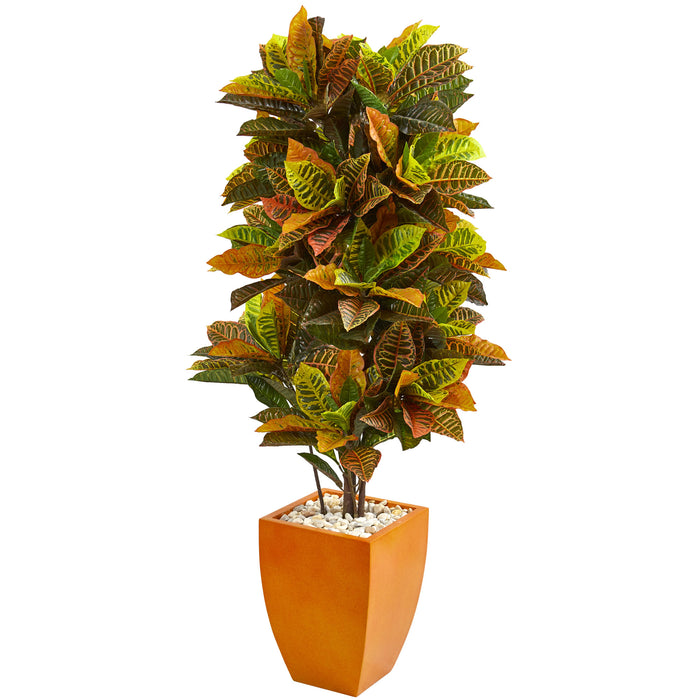 HYGGE CAVE | 5.5’ CROTON ARTIFICIAL PLANT IN ORANGE PLANTER (REAL TOUCH)