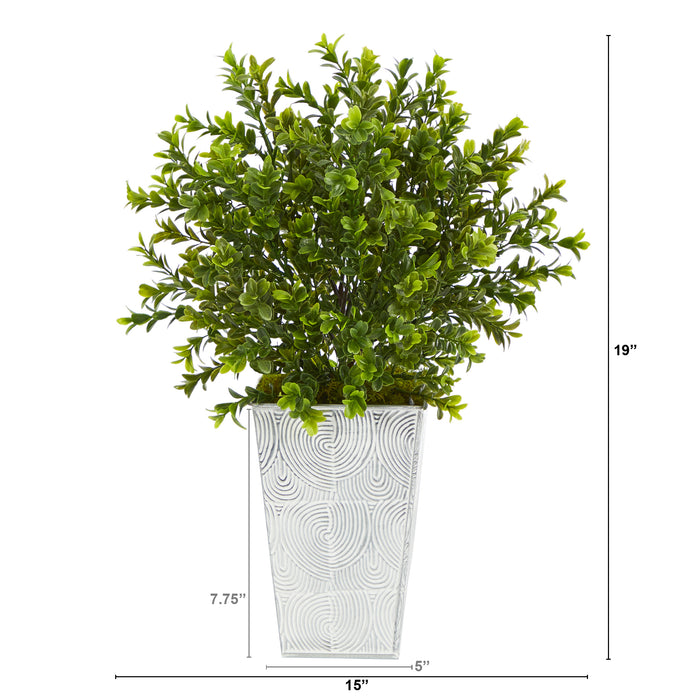 19” BOXWOOD ARTIFICIAL PLANT IN EMBOSSED WHITE PLANTER (INDOOR/OUTDOOR)