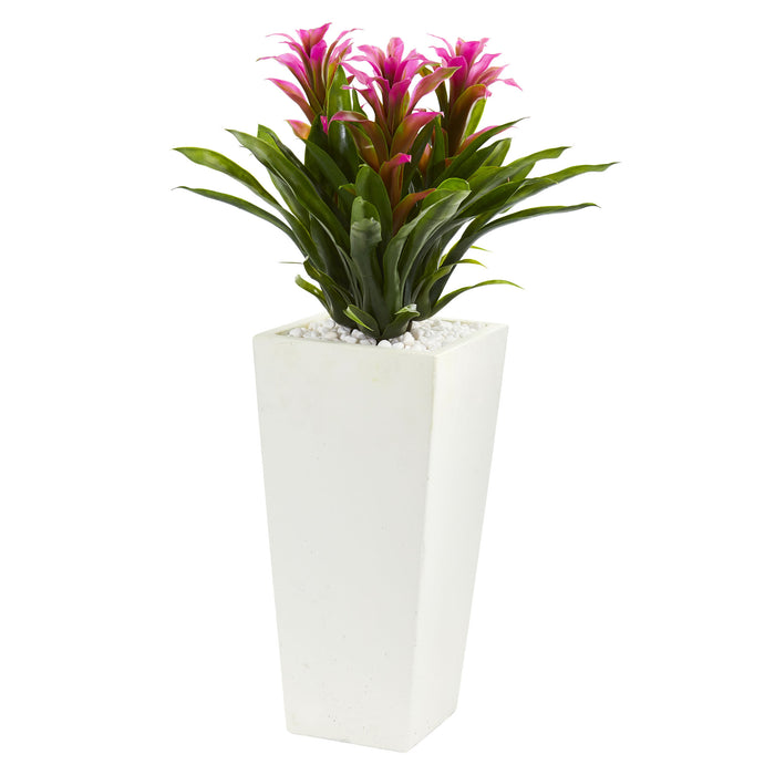 HYGGE CAVE | TRIPLE BROMELIAD ARTIFICIAL PLANT IN WHITE TOWER PLANTER
