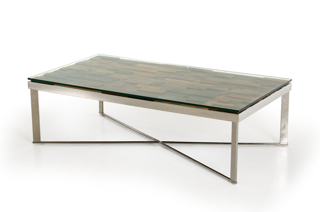 HYGGE CAVE | MOSAIC WOOD GLASS AND STEEL COFFEE TABLE 