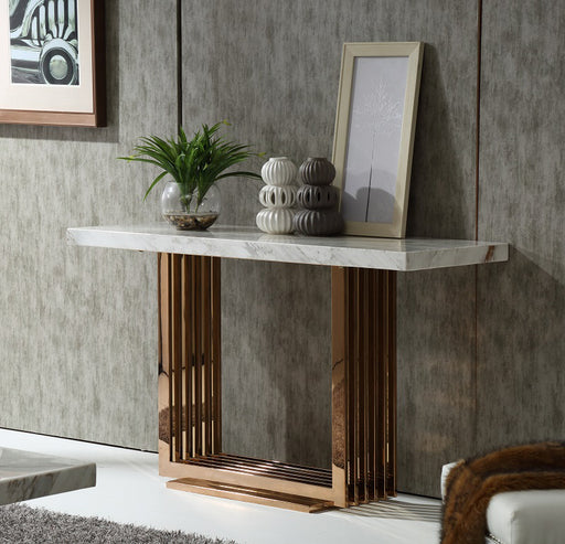 HYGGE CAVE | ROSEGOLD MARBLE AND METAL CONSOLE TABLE 