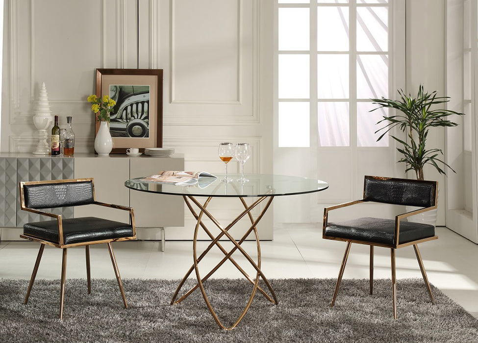 HYGGE CAVE | ROSEGOLD STEEL AND GLASS DINING TABLE