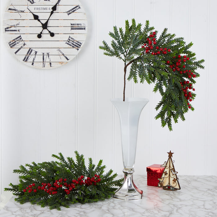 34” PINE AND BERRIES ARTIFICIAL HANGING PLANT (SET OF 3)
