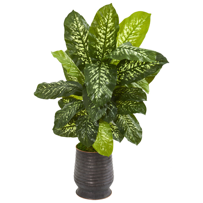 4’ DIEFFENBACHIA ARTIFICIAL PLANT IN RIBBED METAL PLANTER (REAL TOUCH)