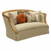HYGGE CAVE | ANTIQUE GOLD WOOD LOVESEAT WITH 5 PILLOWS 
