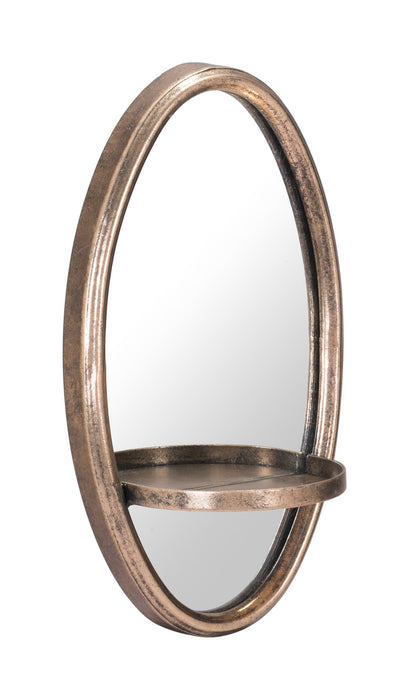 HYGGE CAVE | ANTIQUED GOLD OVAL MIRROR WITH PETITE SHELF