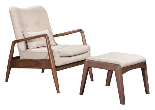 HYGGE CAVE | WALNUT AND BEIGE LINEN RETRO CHAIR AND OTTOMAN SET