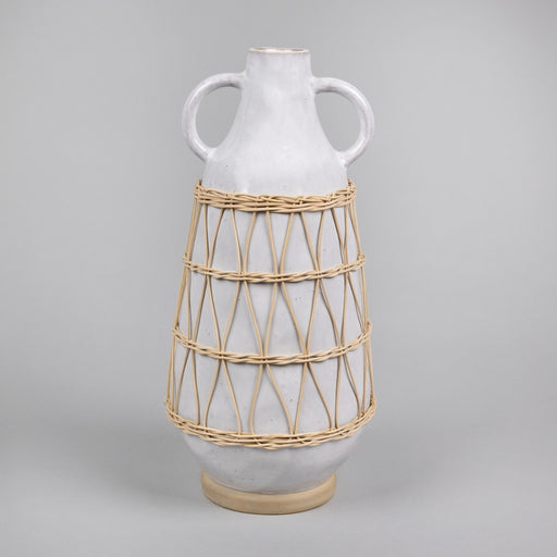 HYGGE CAVE | WHITE STONE AND RATTAN DETAIL LONG VASE