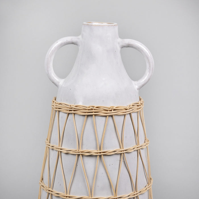 HYGGE CAVE | WHITE STONE AND RATTAN DETAIL LONG VASE