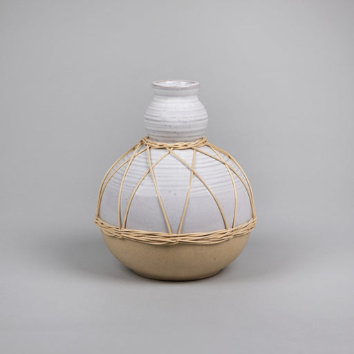 HYGGE CAVE | WHITE STONE AND RATTAN DETAIL WIDE VASE