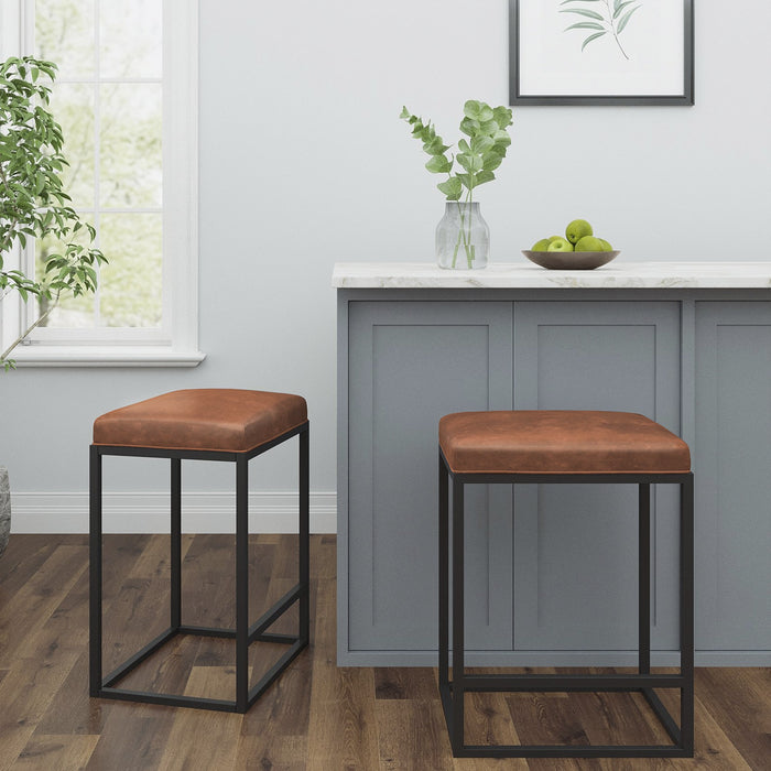 HYGGE CAVE | MODERN GEO BROWN LEATHER BAR STOOLS (SET OF TWO)