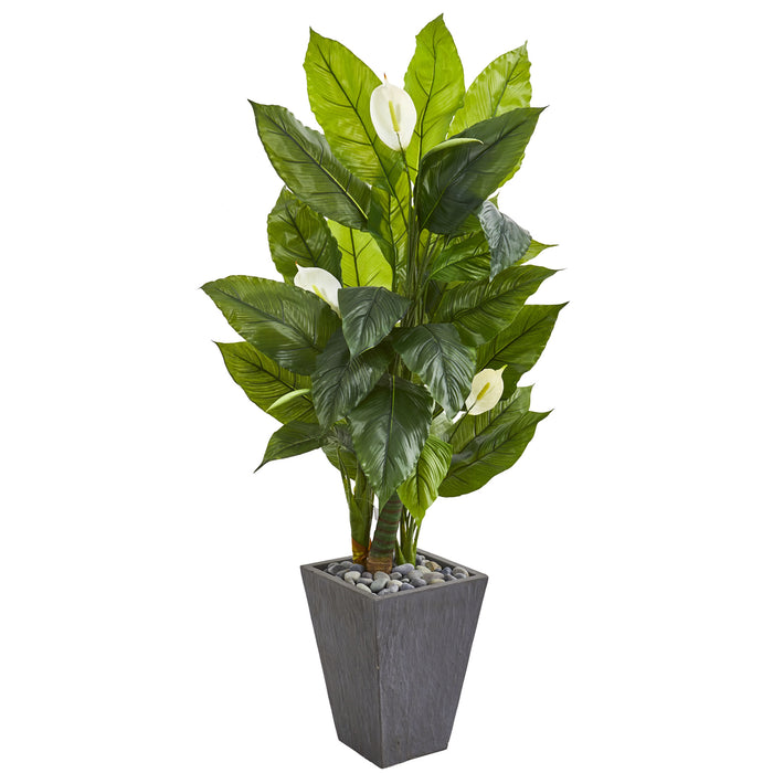 63” SPATHYFILLUM ARTIFICIAL PLANT IN SLATE PLANTER (REAL TOUCH)