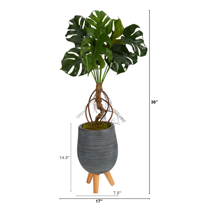 3’ MONSTERA ARTIFICIAL ARRANGEMENT IN GRAY PLANTER WITH STAND