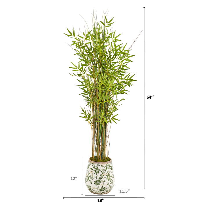 64” GRASS ARTIFICIAL BAMBOO PLANT IN FLORAL PRINT PLANTER
