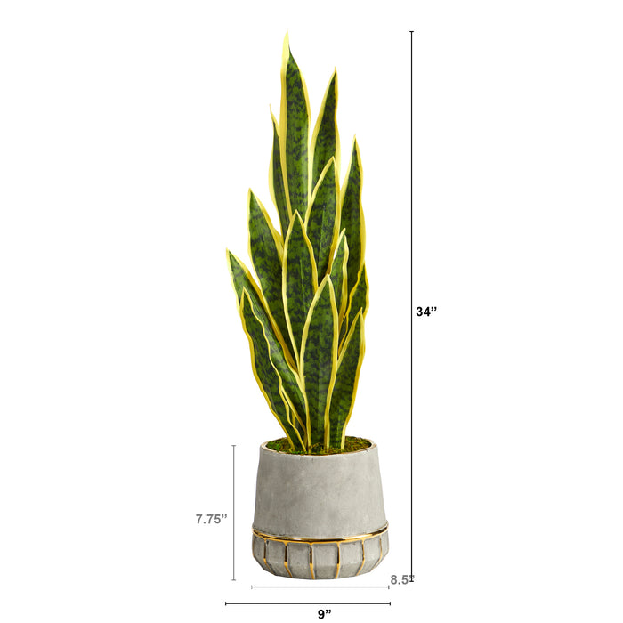 34” SANSEVIERIA ARTIFICIAL PLANT IN STONEWARE PLANTER WITH GOLD TRIMMING