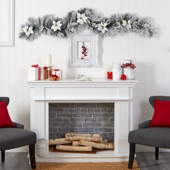 6’ FLOCKED POINSETTIA AND BERRY ARTIFICIAL CHRISTMAS GARLAND WITH 50 WARM WHITE LED LIGHTS - HYGGE CAVE