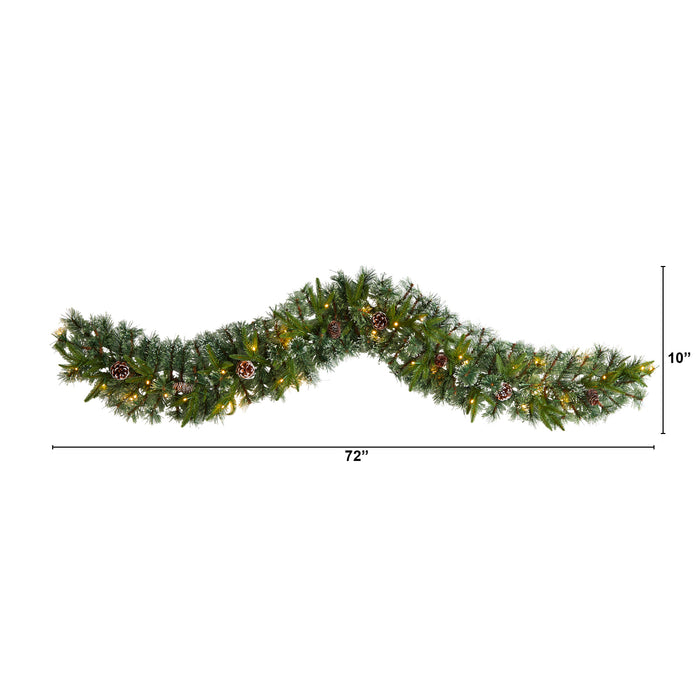6’ SNOW TIPPED CHRISTMAS ARTIFICIAL GARLAND WITH 35 CLEAR LED LIGHTS AND PINE CONES - HYGGE CAVE