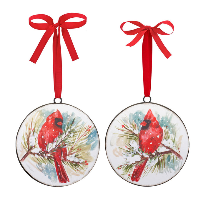 beautiful set of Cardinal Pine Watercolor Disc Ornaments - hygge cave