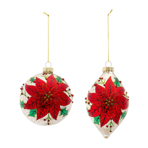 Six mercury glass Christmas ornaments with heat shrunk poinsettia decoration sleeve design - hyge cave