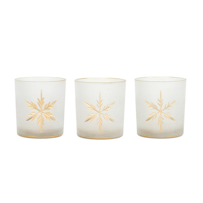 Set of 3 glass votive candle holders each decorated with colorful snowflakes - hygge cave