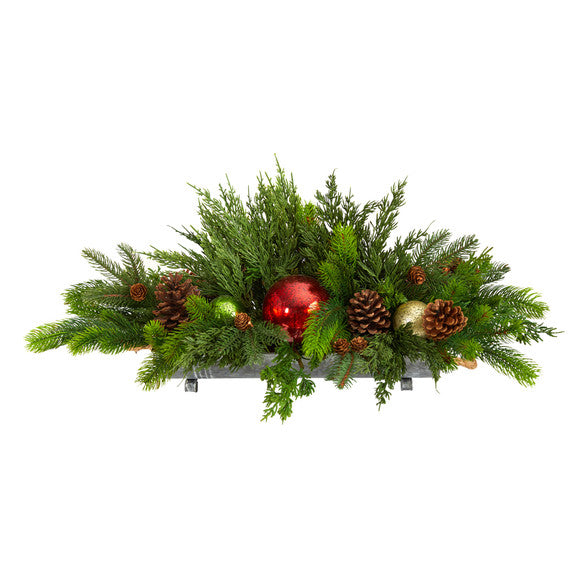 realistic-looking cedar is accented by pinecones and glossy ornaments - hygge cave