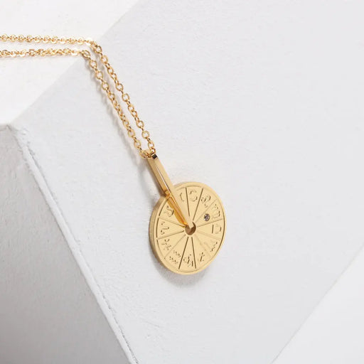 18K Gold Plated / Stainless Steel / Rotating Jewelry / Horoscopes Pendant Necklace / Zodiac Sign Pendant Necklace / Crystal Inlaid Pendant / Gold Coin Pendant / Trendy Style