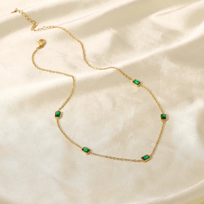 Dainty Jewelry / 14k Gold Plated / Necklace With Green Zirconia / Stainless Steel / Rectangle Choker / Chokers Necklaces / Anniversary / Engagement / Gift / Party / Wedding