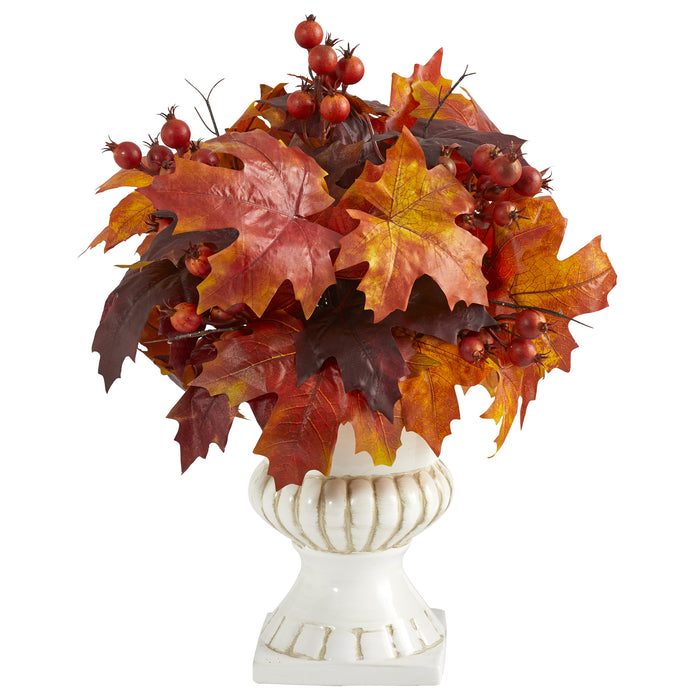 20” AUTUMN LEAF AND BERRIES ARTIFICIAL PLANT IN WHITE URN