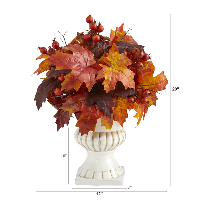 20” AUTUMN LEAF AND BERRIES ARTIFICIAL PLANT IN WHITE URN