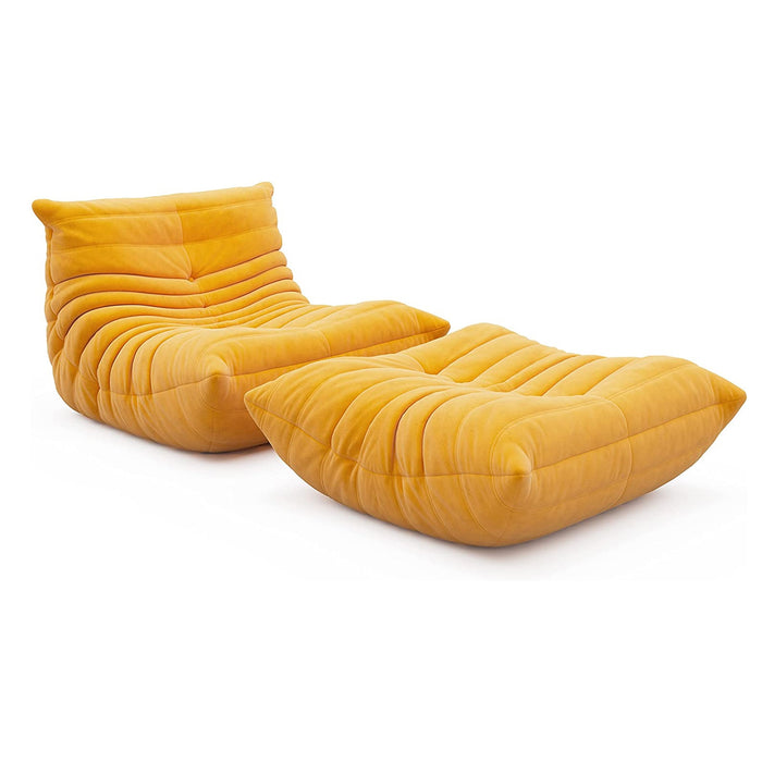 A versatile and comfortable lounge bean bag chair with an ottoman that can be used in multiple ways.