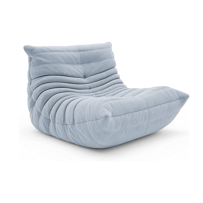 A relaxed and stylish lounge bean bag chair with an ottoman that is perfect for any decor.