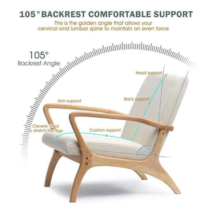 White lounge chair with angle dimensions