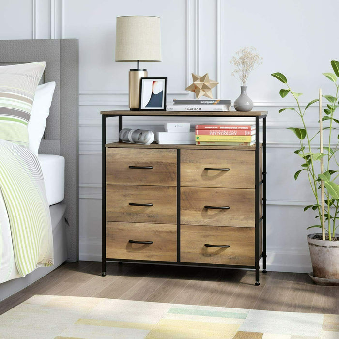 Keep your space organized and clutter-free with this practical and stylish Wood Storage Cabinet, featuring six spacious drawers and one open shelf for all your storage needs.