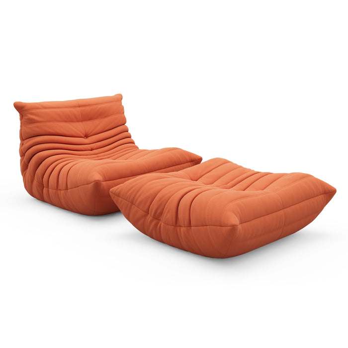 A comfortable and casual lounge bean bag chair with an ottoman for ultimate relaxation.