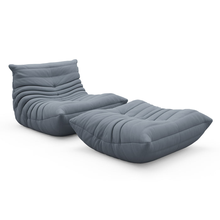 A fun and comfortable lounge bean bag chair with an ottoman that is perfect for lounging or reading.