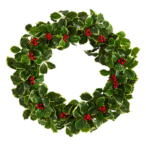 22” VARIEGATED HOLLY LEAF WITH BERRIES ARTIFICIAL CHRISTMAS WREATH - HYGGE CAVE