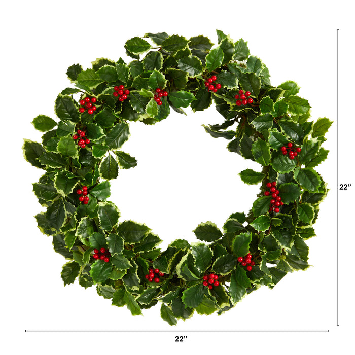 22” VARIEGATED HOLLY LEAF WITH BERRIES ARTIFICIAL CHRISTMAS WREATH - HYGGE CAVE
