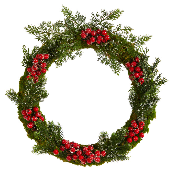 20” ICED PINE AND BERRIES ARTIFICIAL CHRISTMAS WREATH - HYGGE CAVE