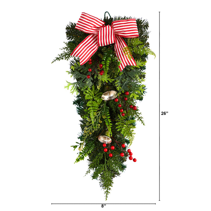 26" HOLIDAY CHRISTMAS BELLS AND BOW ARTIFICIAL SWAG - HYGGE CAVE